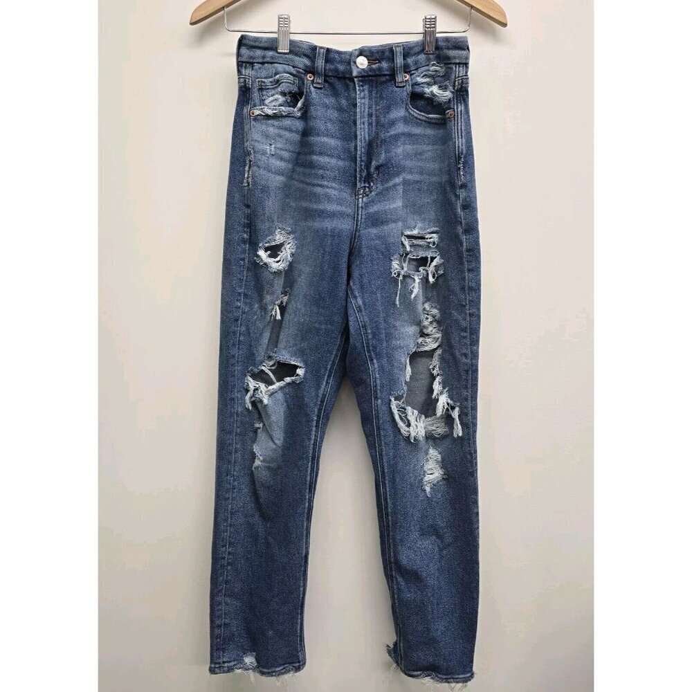 American Eagle Curvy Mom Blue Jeans Women's Size 8 Distressed Destroyed Stretch